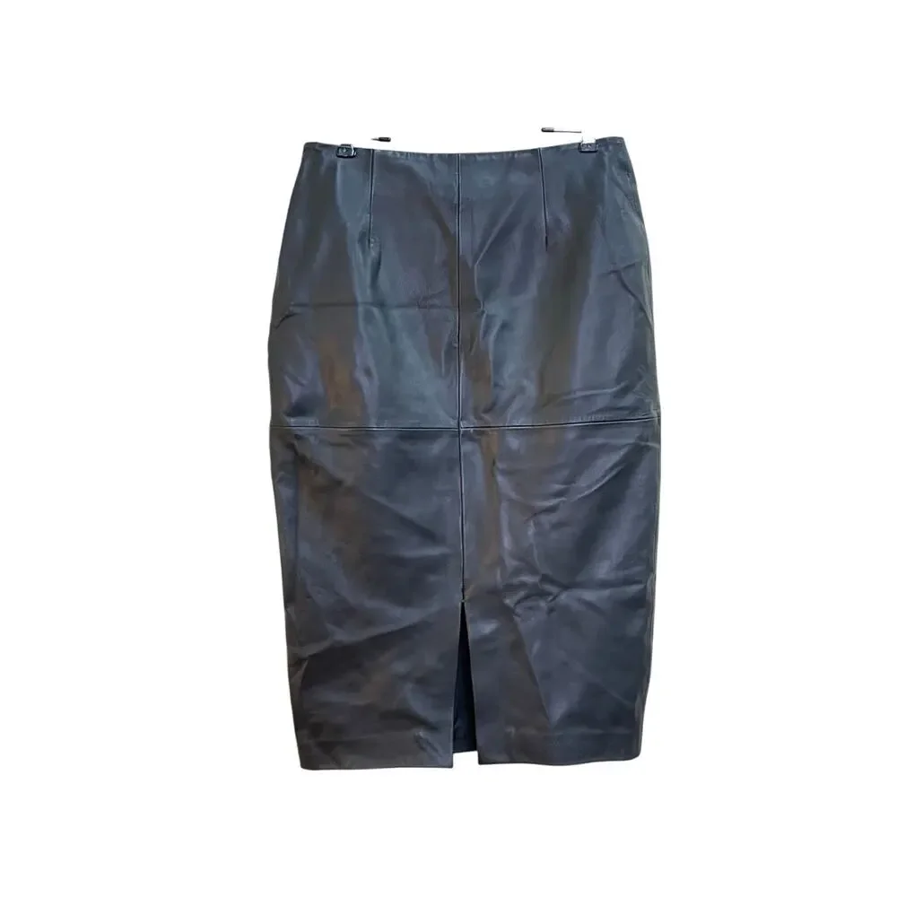 BOD & CHRISTENSEN Dawn Black Leather Knee Length Back Slit Straight Skirt Size 6